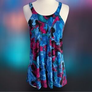 Express Vintage Racerback Pleated Swing Tank Top Women’s M Blue Watercolor